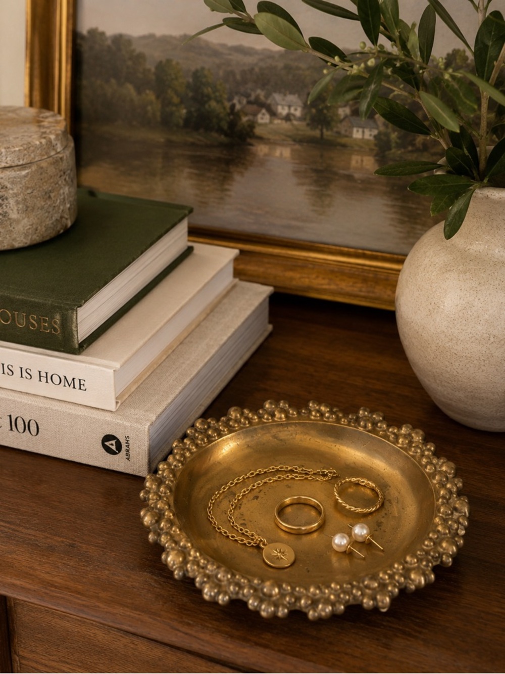 Vintage Brass Bubble Rim Trinket Dish | Brutalist Jewelry Catchall Bowl